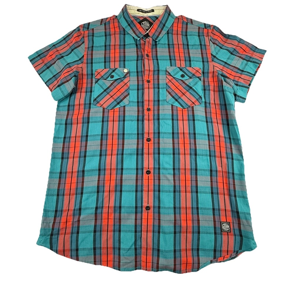Obey Propaganda Short Sleeve Button Up Shirt Blue Orange Plaid Men's XL Pockets
